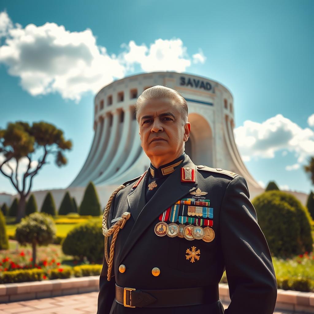 A majestic portrait of Reza Pahlavi standing confidently in front of the iconic Shahyad Tower, also known as the Azadi Tower, with its distinct curved architecture and beautiful landscaping