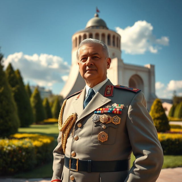A majestic portrait of Reza Pahlavi standing confidently in front of the iconic Shahyad Tower, also known as the Azadi Tower, with its distinct curved architecture and beautiful landscaping