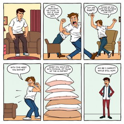 A series of five comic panels illustrating the physical abuse of a man by his partner in a stylized comic art form