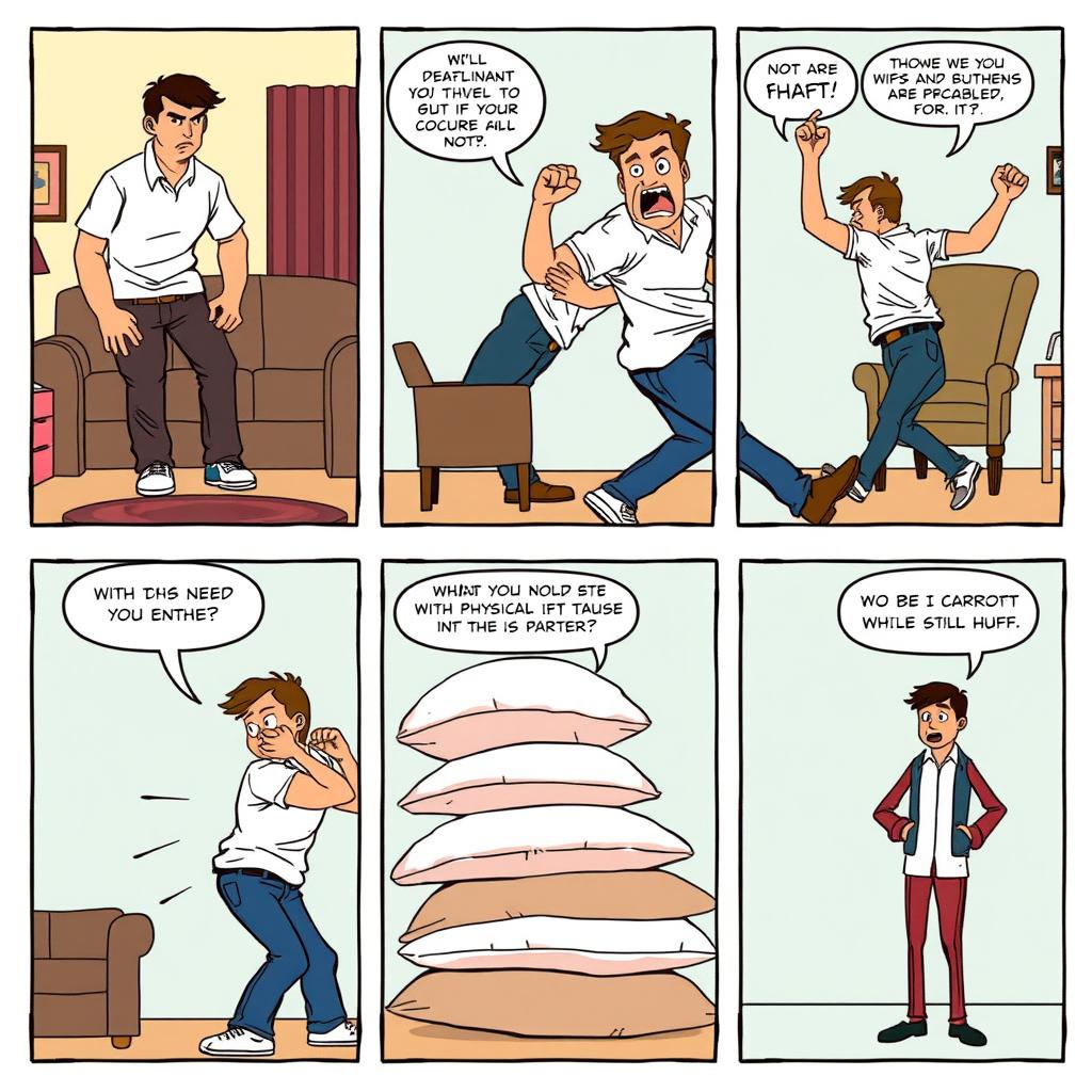 A series of five comic panels illustrating the physical abuse of a man by his partner in a stylized comic art form