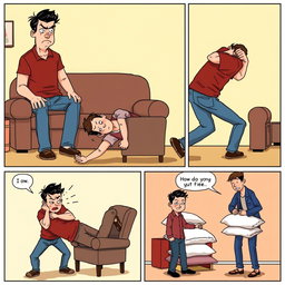 A series of five comic panels illustrating the physical abuse of a man by his partner in a stylized comic art form