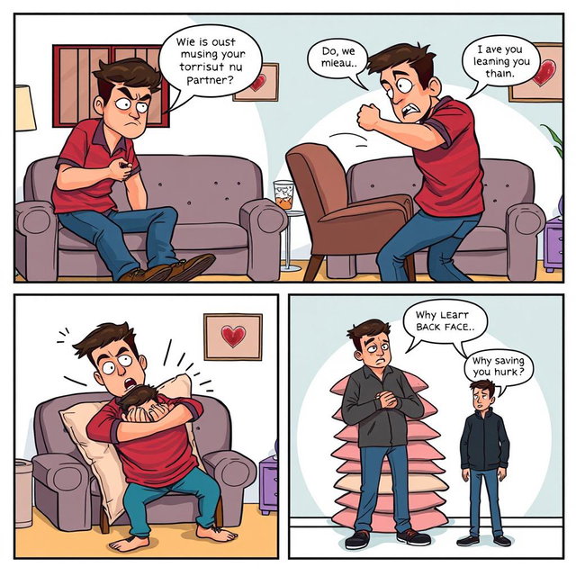 A series of five comic panels illustrating the physical abuse of a man by his partner in a stylized comic art form