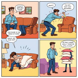 A series of five comic panels illustrating the physical abuse of a man by his partner in a stylized comic art form