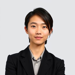 A passport-sized photo of a young adult with mid-length hair styled neatly