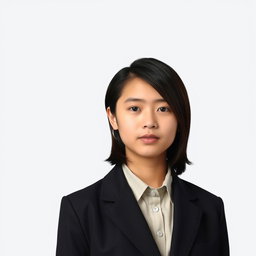 A passport-sized photo of a young adult with mid-length hair styled neatly