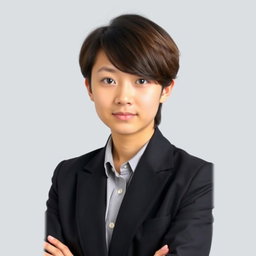 A passport-sized photo of a young adult with mid-length hair styled neatly