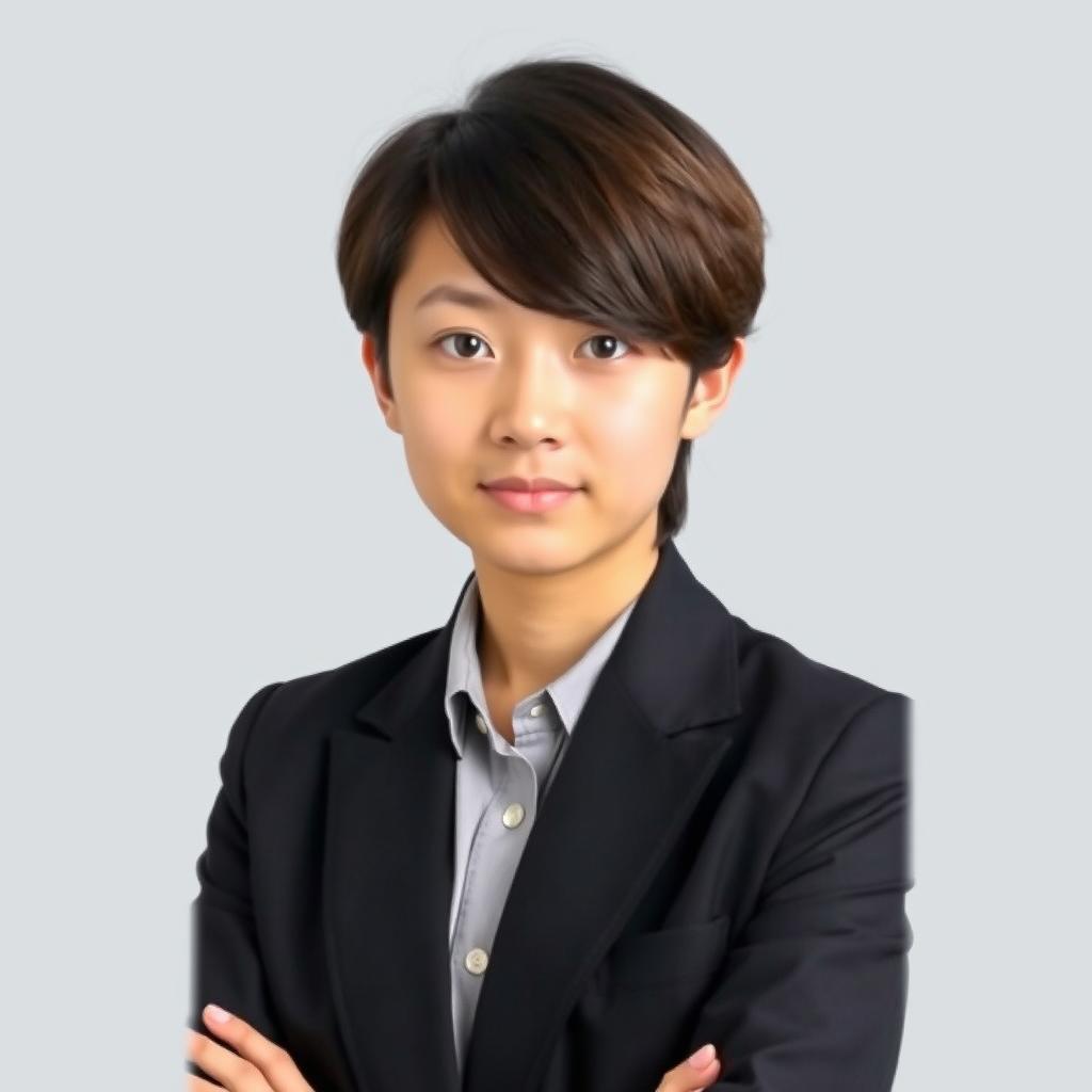 A passport-sized photo of a young adult with mid-length hair styled neatly