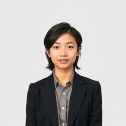 A passport-sized photo of a young adult with mid-length hair styled neatly