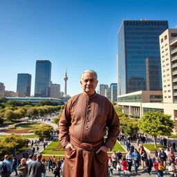 Reza Pahlavi standing confidently in modern Tehran, surrounded by a vibrant cityscape with tall glass buildings, lush green parks, and bustling streets filled with people