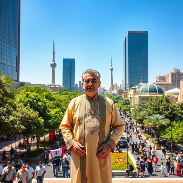Reza Pahlavi standing confidently in modern Tehran, surrounded by a vibrant cityscape with tall glass buildings, lush green parks, and bustling streets filled with people