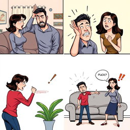 A series of five comic panels depicting the physical abuse of a man by a woman in a exaggerated comic art style