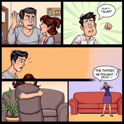A series of five comic panels depicting the physical abuse of a man by a woman in a exaggerated comic art style