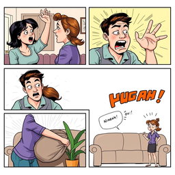 A series of five comic panels depicting the physical abuse of a man by a woman in a exaggerated comic art style