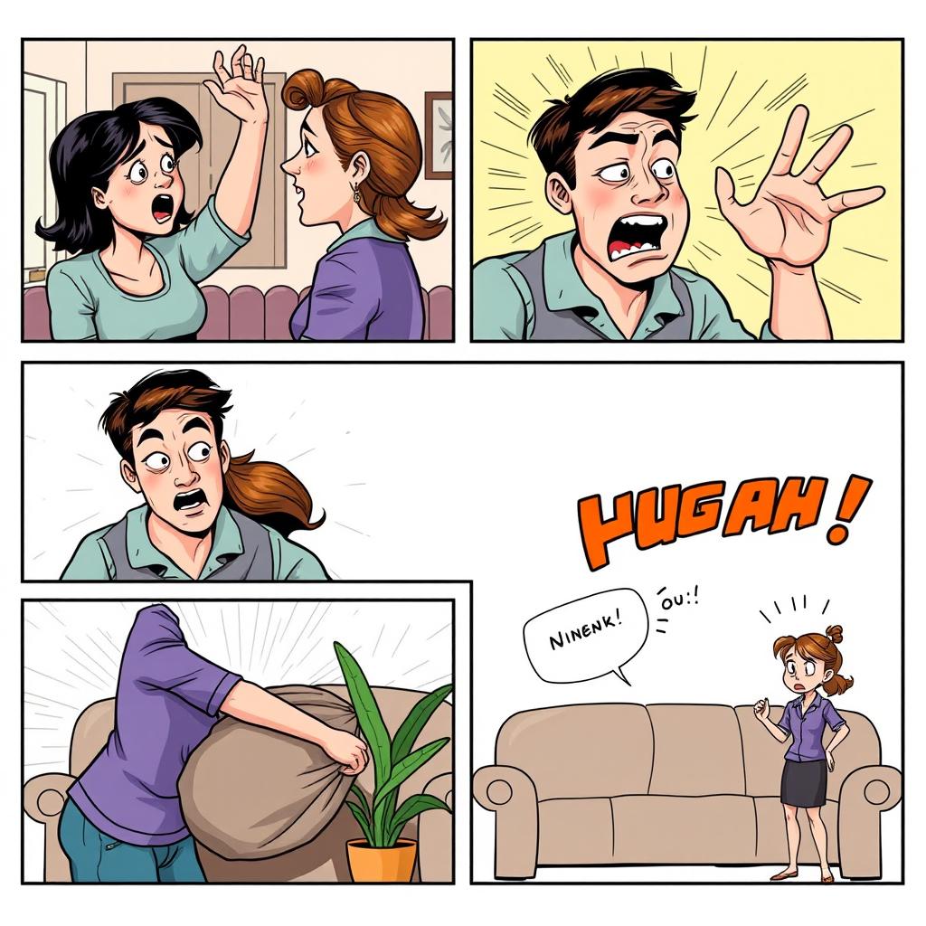 A series of five comic panels depicting the physical abuse of a man by a woman in a exaggerated comic art style