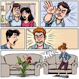 A series of five comic panels depicting the physical abuse of a man by a woman in a exaggerated comic art style