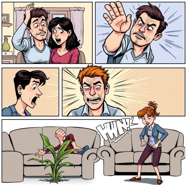 A series of five comic panels depicting the physical abuse of a man by a woman in a exaggerated comic art style