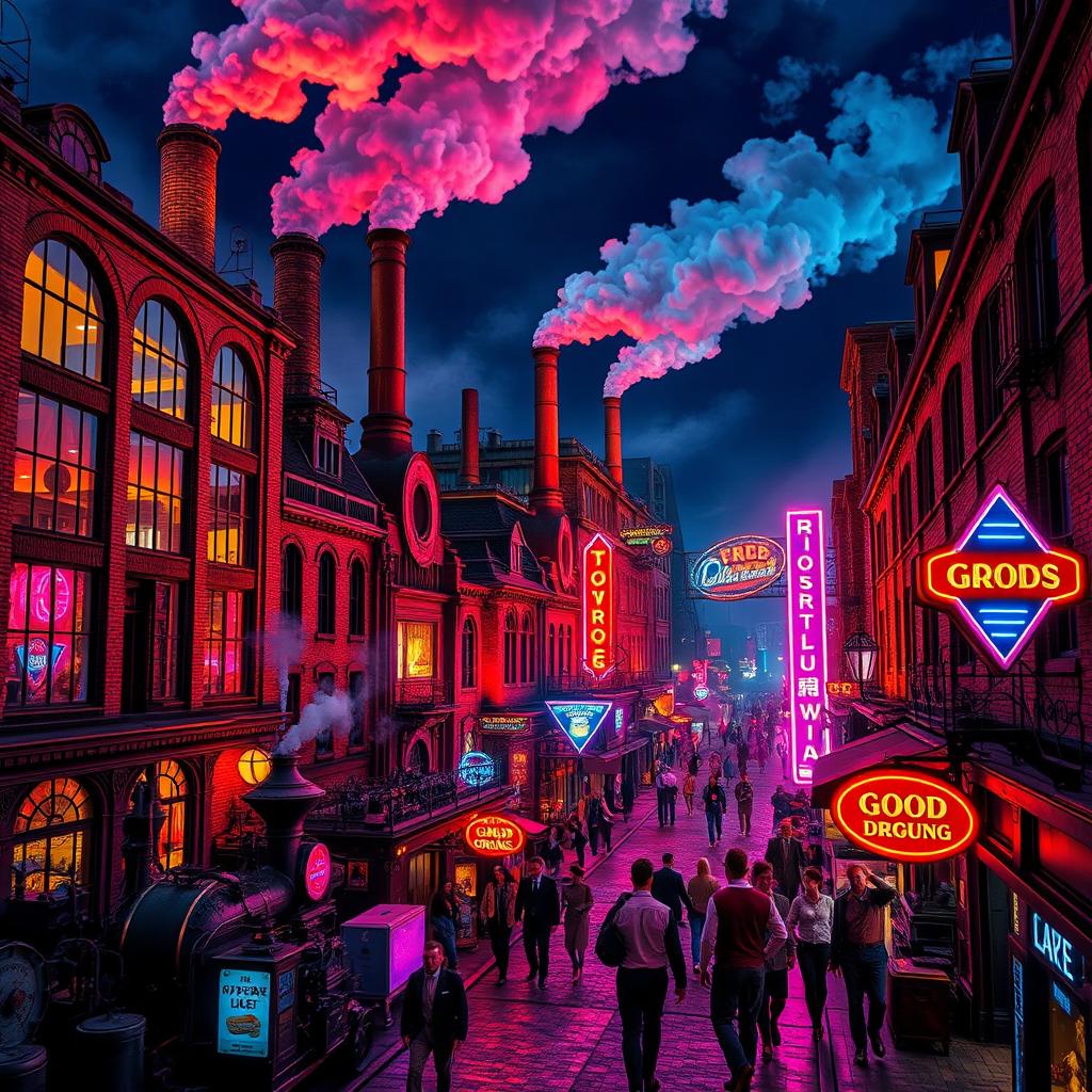 A vibrant industrial revolution cityscape at night, illuminated by colorful neon lights