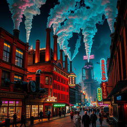 A vibrant industrial revolution cityscape at night, illuminated by colorful neon lights