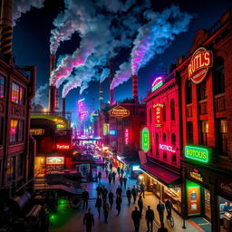 A vibrant industrial revolution cityscape at night, illuminated by colorful neon lights