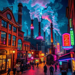 A vibrant industrial revolution cityscape at night, illuminated by colorful neon lights