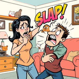 A single comic panel illustrating the moment a woman slaps a man, captured in a humorous comic art style