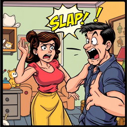 A single comic panel illustrating the moment a woman slaps a man, captured in a humorous comic art style