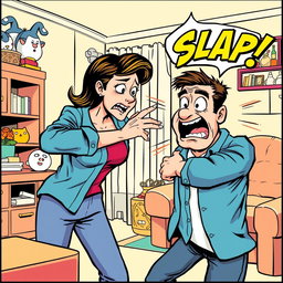 A single comic panel illustrating the moment a woman slaps a man, captured in a humorous comic art style