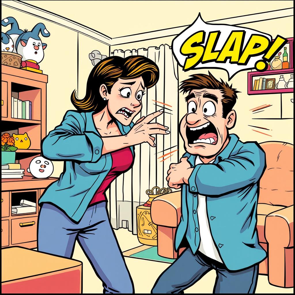 A single comic panel illustrating the moment a woman slaps a man, captured in a humorous comic art style
