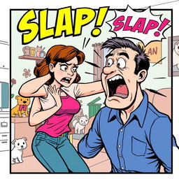 A single comic panel illustrating the moment a woman slaps a man, captured in a humorous comic art style
