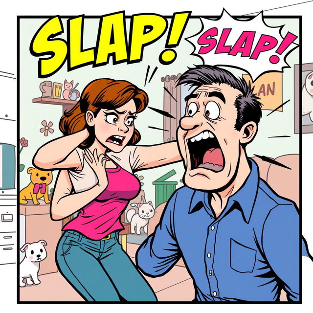 A single comic panel illustrating the moment a woman slaps a man, captured in a humorous comic art style