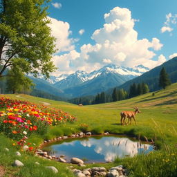 A serene landscape of a lush green valley filled with vibrant wildflowers in full bloom, under a clear blue sky with fluffy white clouds