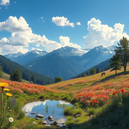 A serene landscape of a lush green valley filled with vibrant wildflowers in full bloom, under a clear blue sky with fluffy white clouds