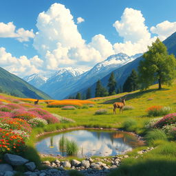 A serene landscape of a lush green valley filled with vibrant wildflowers in full bloom, under a clear blue sky with fluffy white clouds