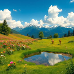 A serene landscape of a lush green valley filled with vibrant wildflowers in full bloom, under a clear blue sky with fluffy white clouds