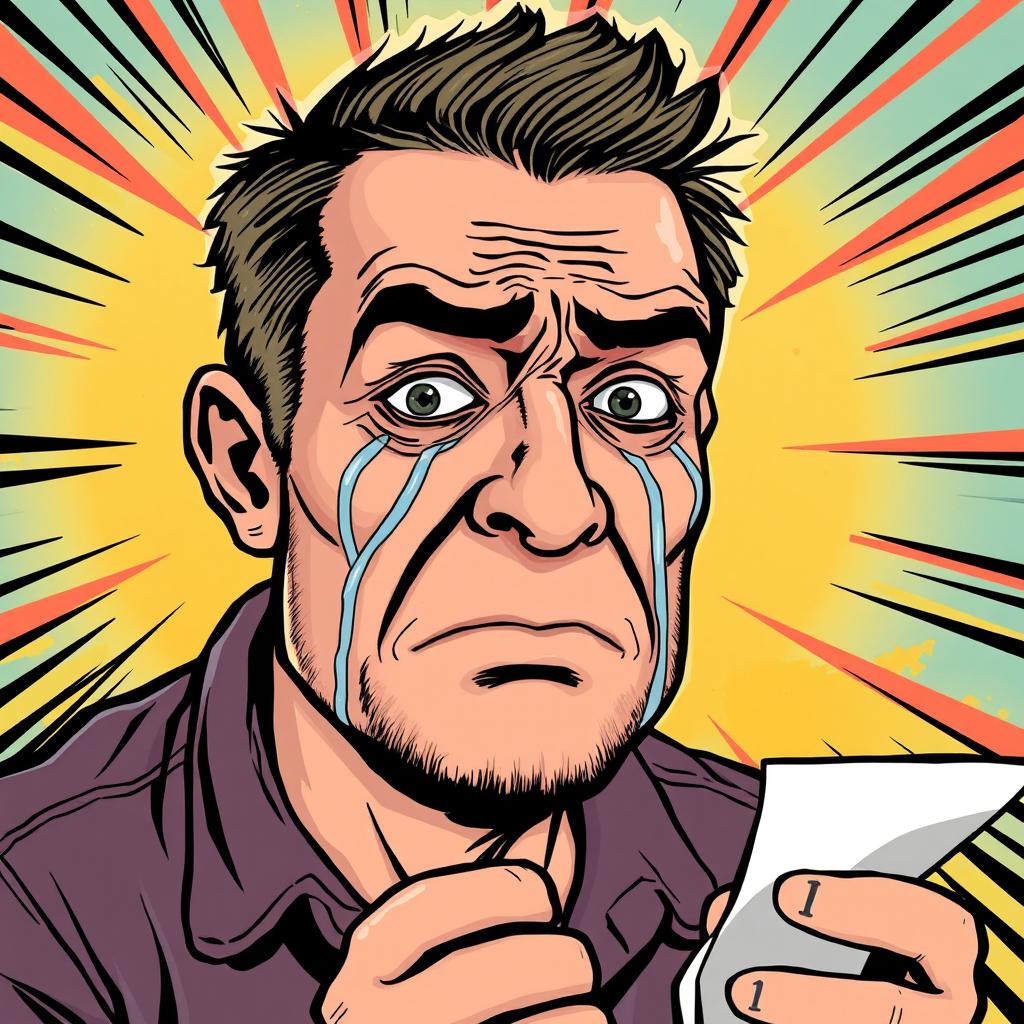 A man in a colorful comic style, with exaggerated facial features, tears streaming down his face, conveying deep emotions