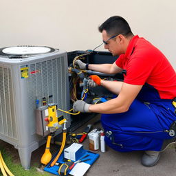 A dedicated air conditioning mechanic diligently working on a complex residential air conditioning unit, equipped with a full set of professional tools.