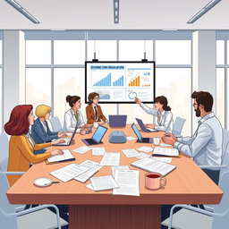 A detailed illustration of diverse regulations in a modern office environment