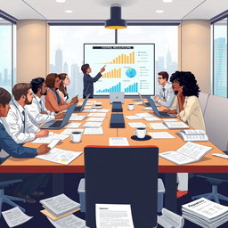 A detailed illustration of diverse regulations in a modern office environment