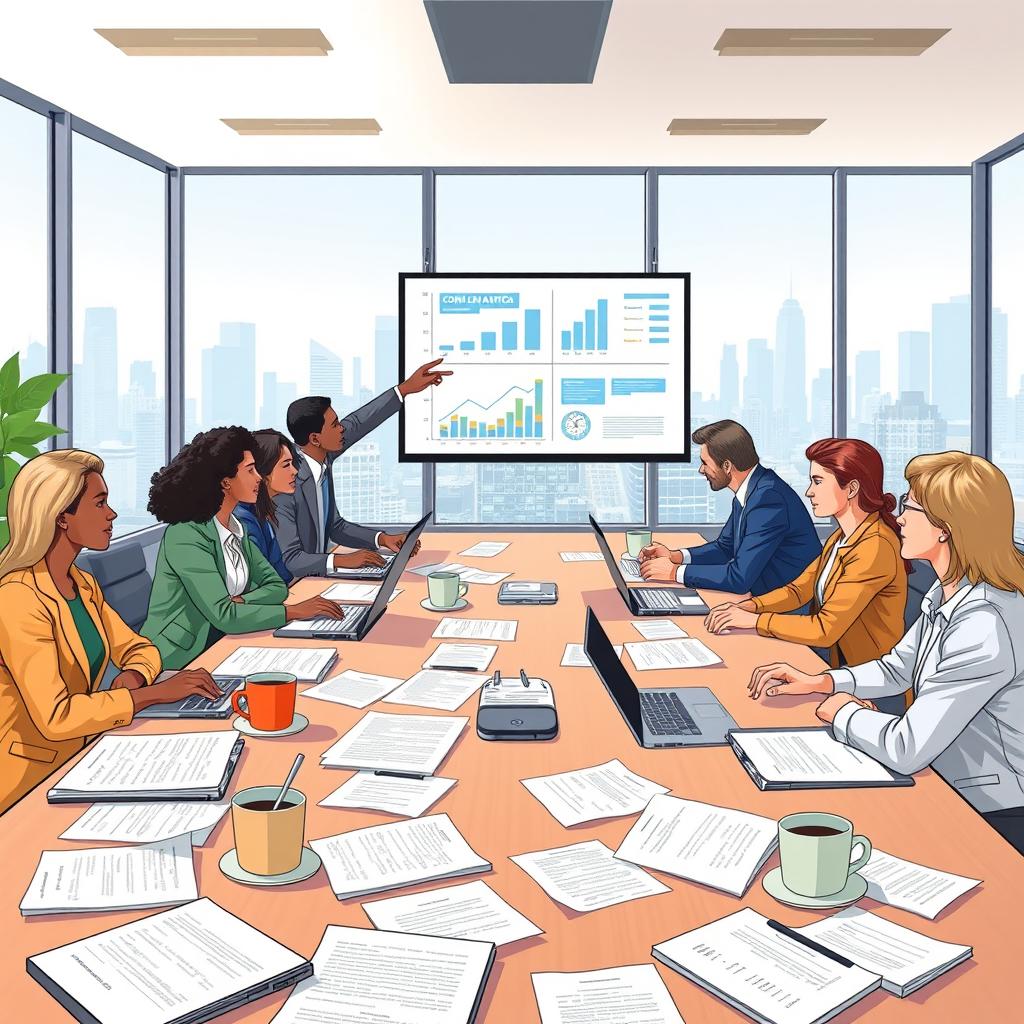 A detailed illustration of diverse regulations in a modern office environment