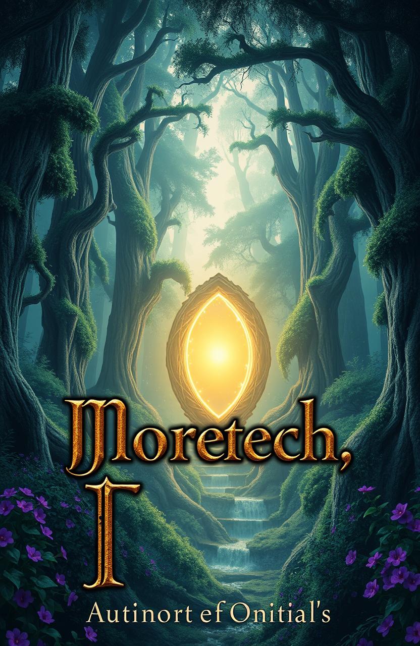 A breathtaking magical forest filled with tall, ancient trees, lush dark green foliage, and vibrant purple flowers