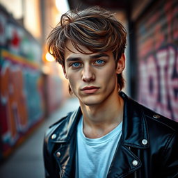 A portrait of a fashionable young man with medium-length hair, styled messily but elegantly