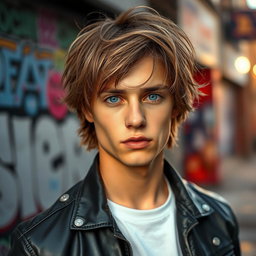 A portrait of a fashionable young man with medium-length hair, styled messily but elegantly