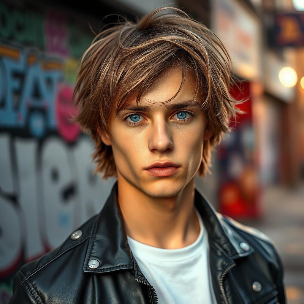 A portrait of a fashionable young man with medium-length hair, styled messily but elegantly