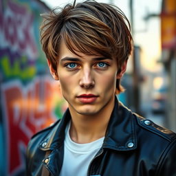 A portrait of a fashionable young man with medium-length hair, styled messily but elegantly