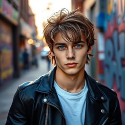 A portrait of a fashionable young man with medium-length hair, styled messily but elegantly