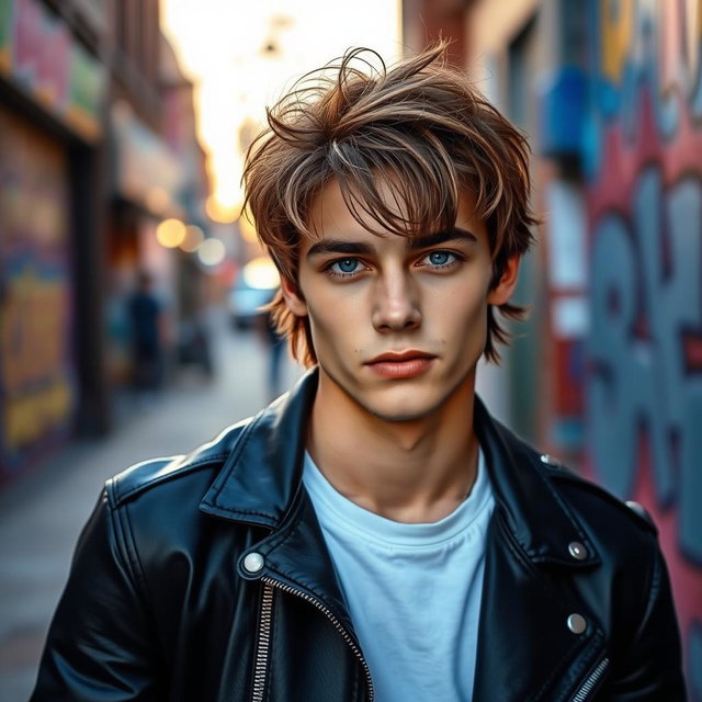 A portrait of a fashionable young man with medium-length hair, styled messily but elegantly