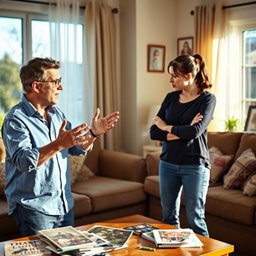 A dramatic scene depicting a man and woman engaged in a heated argument in a cozy living room