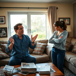 A dramatic scene depicting a man and woman engaged in a heated argument in a cozy living room