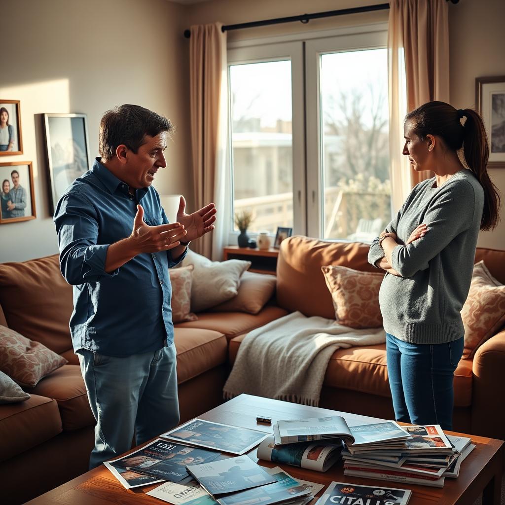 A dramatic scene depicting a man and woman engaged in a heated argument in a cozy living room
