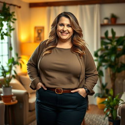 A confident, chubby middle-aged woman with an inviting smile, wearing a stylish outfit that accentuates her curves